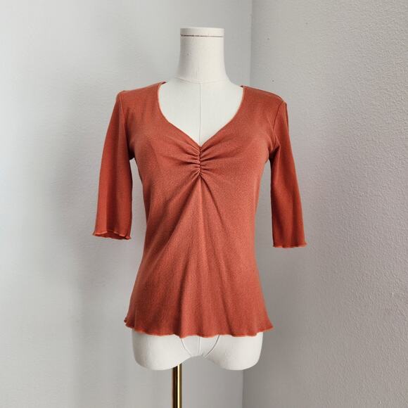 Vintage A. Byer Stretchy Orange Short Sleeve V-Neck Sparkly Top - Picture 1 of 10